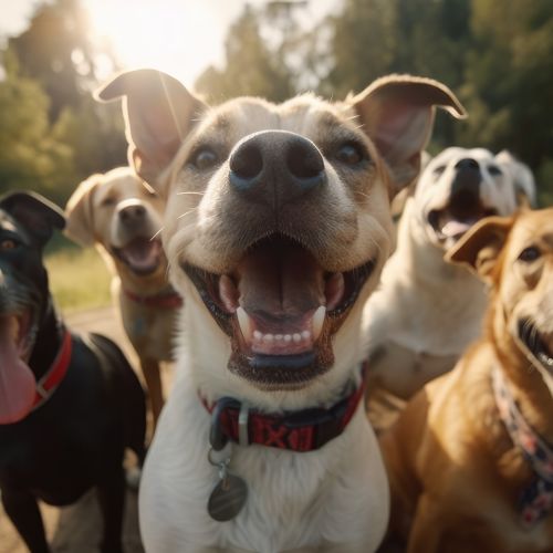 uneingeschränkt nutzbar, siehe Lizenzbedingungen für "Erweiterte Lizenz" bei Adobe Stock: https://stock.adobe.com/de/license-terms - A cute group of dogs taking a selfie on a cell phone camera. Generative AI